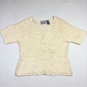 First Issue Crocheted Cardigan Sweater Large Cream Buttons S/S Boho Coquette Vtg